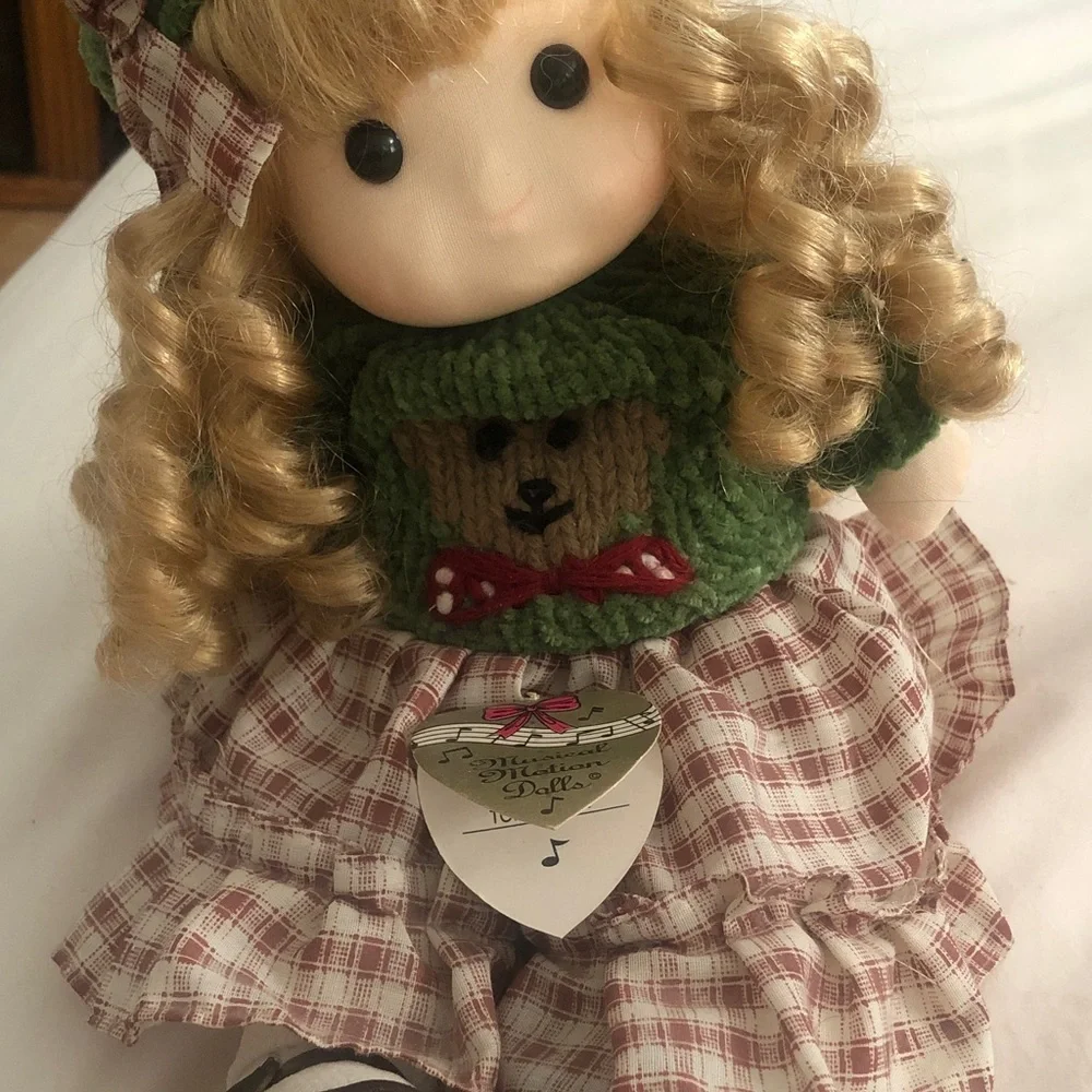 Adorable Girl Doll in Green Knit Top & Plaid Dress